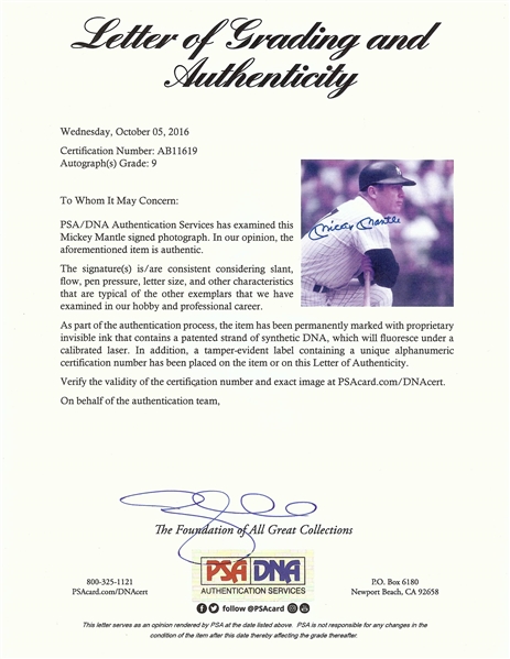 Mickey Mantle Signed 8x10 Photo (Graded PSA/DNA 9)