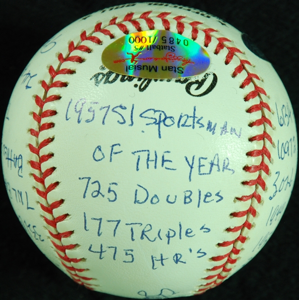 Stan Musial Single-Signed STAT ONL Baseball with 20 Inscriptions HOF 69 (485/1000) (Reggie COA) (BAS)