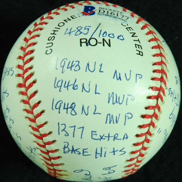 Stan Musial Single-Signed STAT ONL Baseball with 20 Inscriptions HOF 69 (485/1000) (Reggie COA) (BAS)