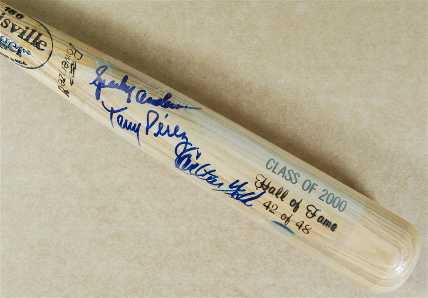 Class of 2000 Hall of Famer Signed Bat with Anderson, Perez and Fisk (42/48) (Steiner)