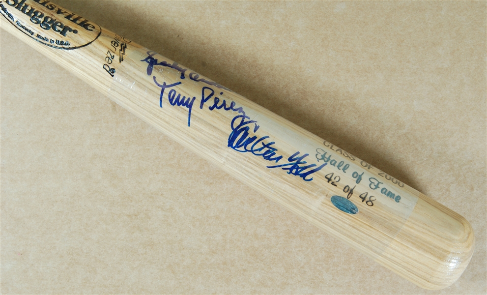 Class of 2000 Hall of Famer Signed Bat with Anderson, Perez and Fisk (42/48) (Steiner)