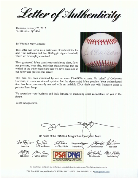 Ted Williams & Joe DiMaggio Dual-Signed Baseball (PSA/DNA)