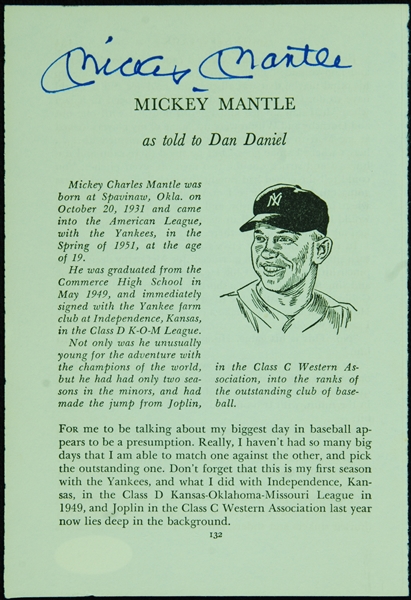 Mickey Mantle Signed Book Page (JSA)