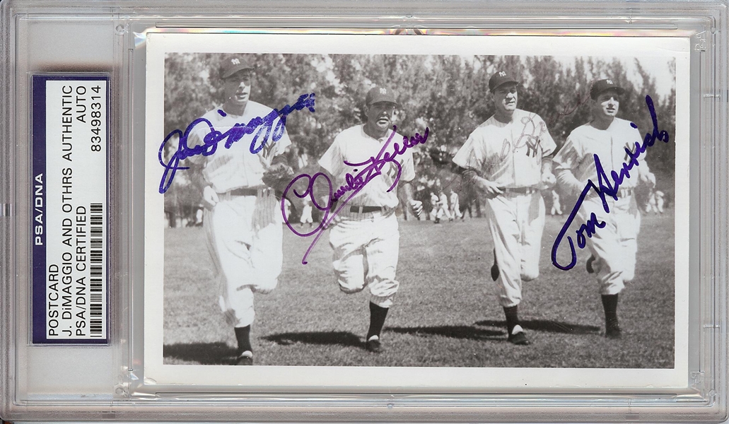 Joe DiMaggio, Charlie Keller, Hank Bauer & Tom Henrich Signed Postcard (PSA/DNA)