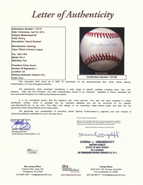 Muhammad Ali Single-Signed OAL Baseball (JSA)