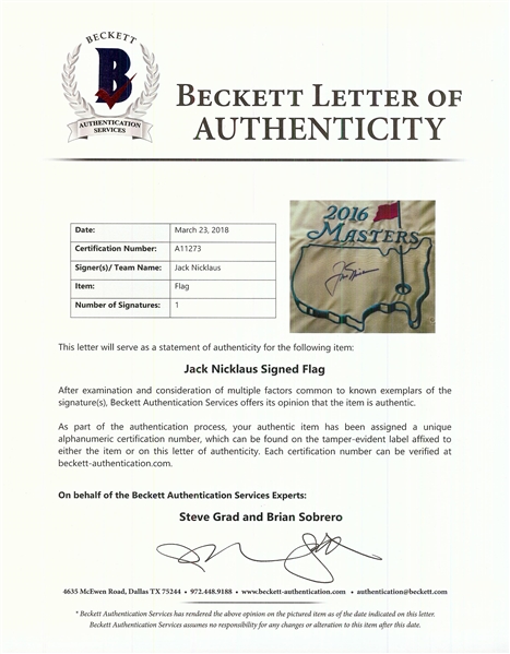 Jack Nicklaus Signed 2016 Masters Flag (BAS)
