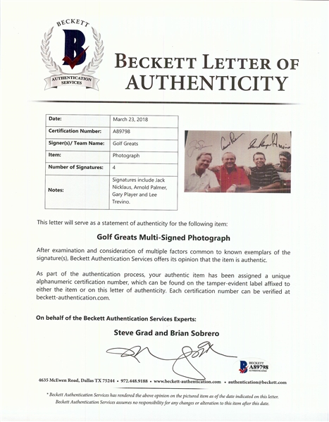 Jack Nicklaus, Arnold Palmer, Gary Player & Lee Trevino Signed 8x10 Framed Photo (BAS)
