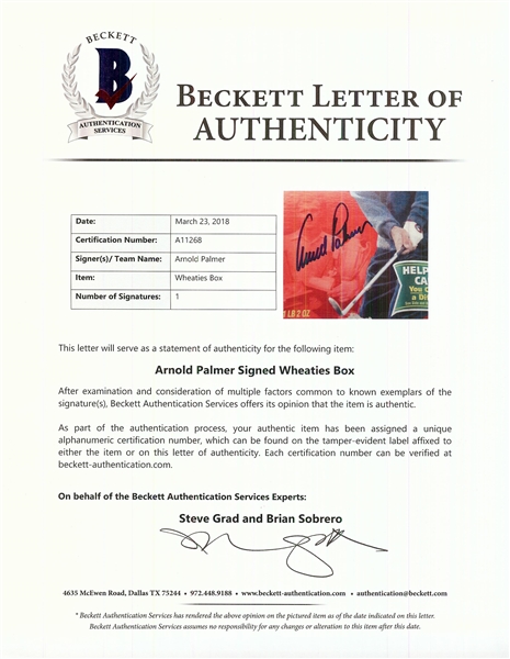 Arnold Palmer Signed Wheaties Box (BAS)