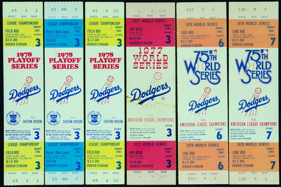 Los Angeles Dodgers 1977 & 1978 World Series/Playoff Ticket Group (6)