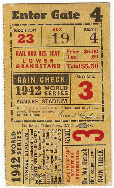 1942 World Series Game 3 Ticket Stub