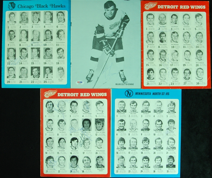 Hockey Greats Signed 1970s Yearbook Pages with Gordie Howe, Bobby Hull (18 Signatures) (PSA/DNA)
