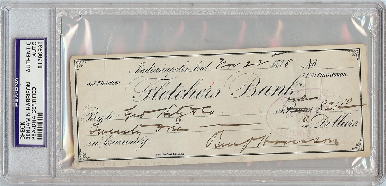 Benjamin Harrison Signed Check As President Elect (1888) (PSA/DNA)