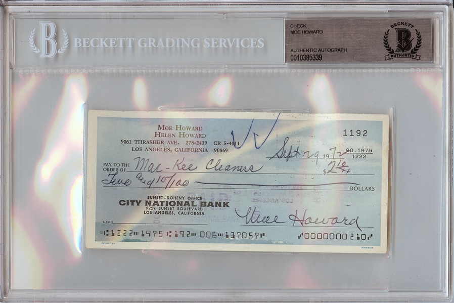 Moe Howard Three Stooges Signed Check (1972) (BAS)