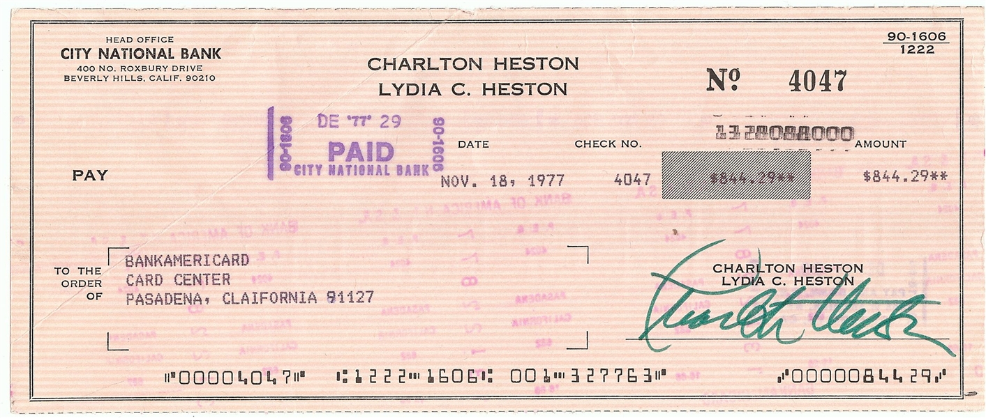 Charlton Heston, George Burns & Henry Winkler Signed Checks (3)