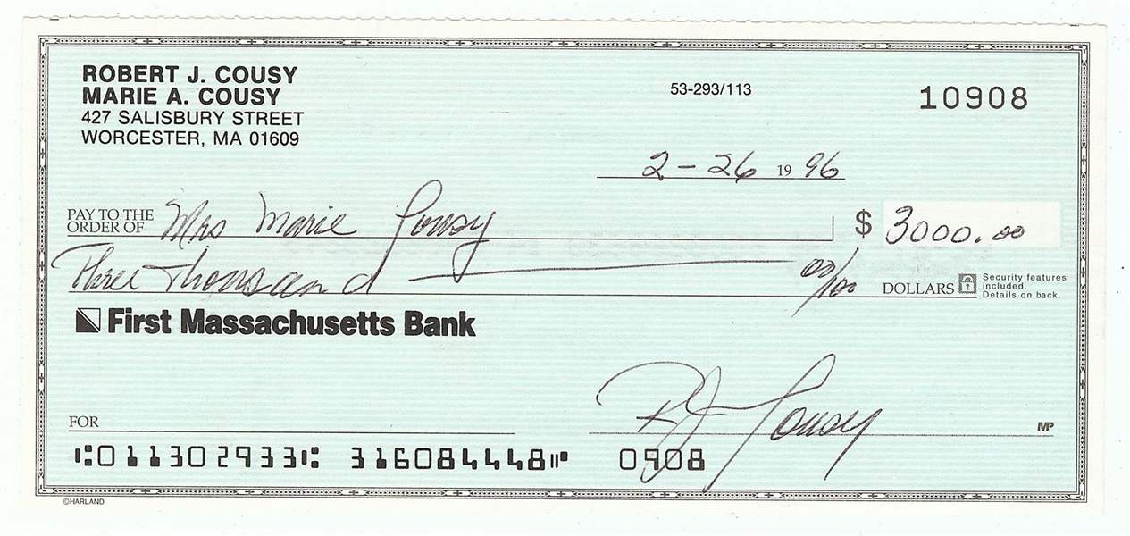 Bob Cousy Signed Check (1996)