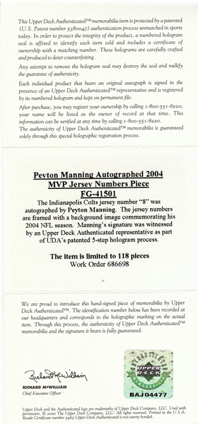 Peyton Manning Signed 2004 MVP Jersey Numbers Framed Piece (41/118) (UDA)
