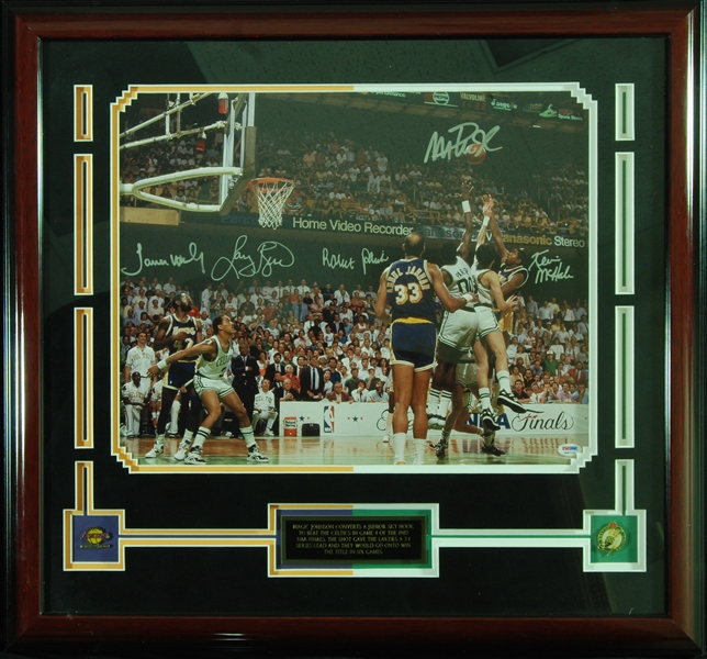 Magic, Bird, Worthy, McHale & Parish Signed 1987 NBA Finals Framed 16x20 Photo (PSA/DNA)