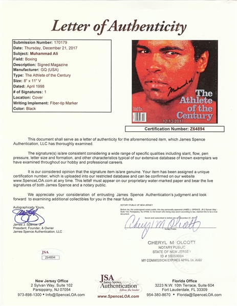 Muhammad Ali Signed GQ Magazine (April 1998) (JSA)