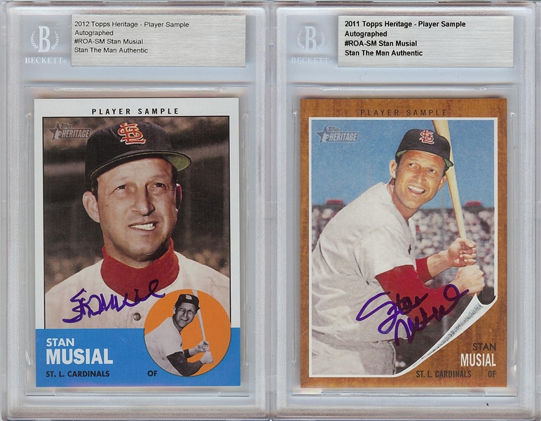 Stan Musial Signed Topps Heritage Player Sample Cards (2) 
