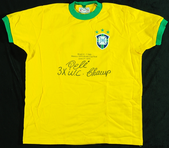 Pele Signed Brazil Jersey Inscribed 3X WC Champ (PSA/DNA)