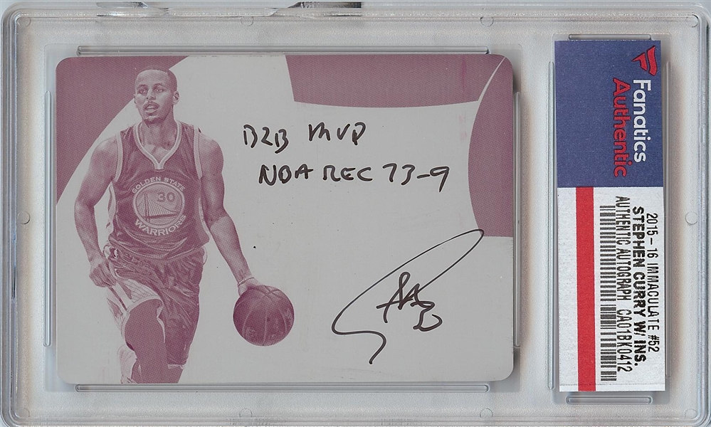 Stephen Curry Signed 2015-16 Immaculate Magenta Printing Plate with Inscription (1/1) (Fanatics)