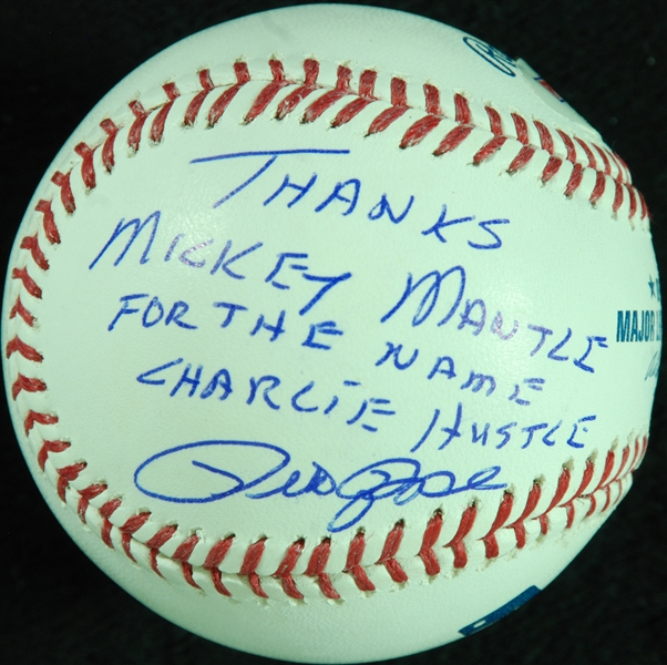 Pete Rose Single-Signed OML Baseball Thanks Mickey Mantle for the Name Charlie Hustle (PSA/DNA)