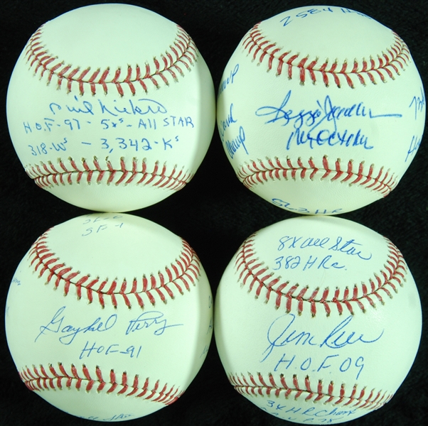HOFer Single-Signed STAT Baseballs Group with Jackson, Rice, Niekro, Perry (4) (Steiner)