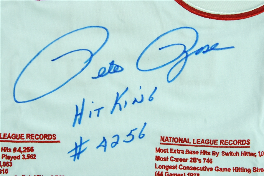 Pete Rose Signed Reds STAT Jersey Inscribed Hit King & Charlie Hustle (62/500) (BAS)