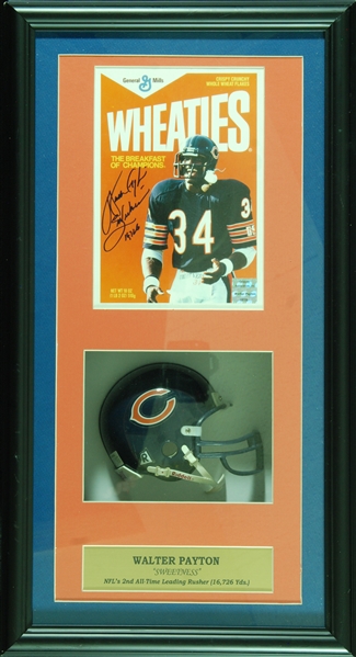 Walter Payton Signed Wheaties 8x10 Photo with Helmet in Shadowbox (BAS)