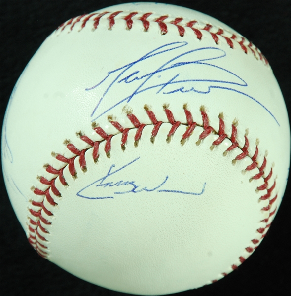 Cubs Greats Pitchers Signed OML Baseball (5) with Wood, Prior, Maddux, Zambrano, Clement (Mounted Memories) (BAS)