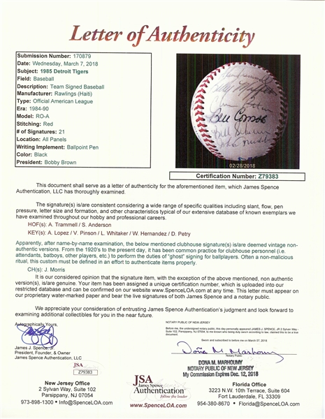 1985 Detroit Tigers Team-Signed Baseball (21) (JSA)