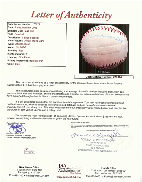 Cool Papa Bell Single-Signed Baseball (JSA)