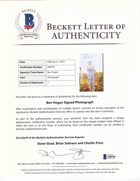 Ben Hogan Signed Spitzmiller Lithograph in Frame (BAS)