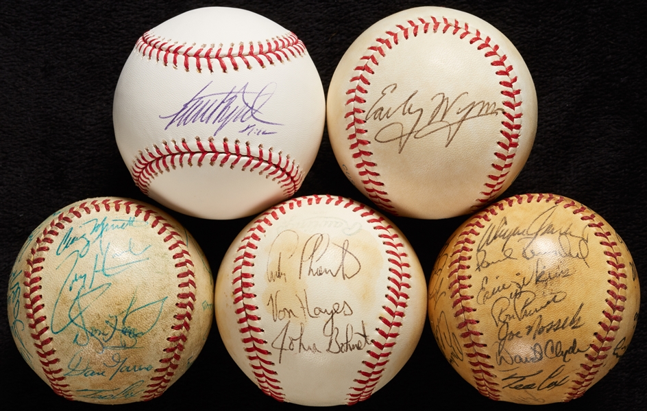 Indians Baseball Group of Multi-Signed Balls with Bo Diaz, Wynn, Paul Byrd (5)
