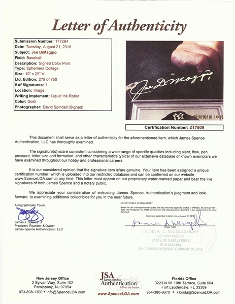 Joe DiMaggio Signed David Spindell Lithograph (JSA)