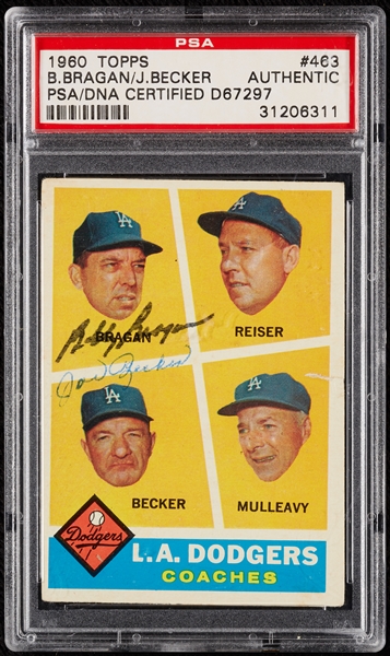 Bobby Bragan & Joe Becker Signed 1960 Topps Dodgers Coaches No. 463 (PSA/DNA)