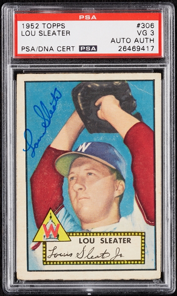 Lou Sleater Signed 1952 Topps No. 306 PSA 3