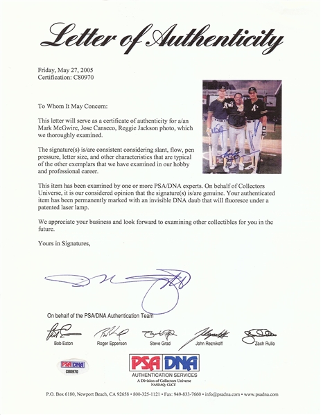 Mark McGwire, Reggie Jackson & Jose Canseco Signed 8x10 Framed Photo (PSA/DNA)