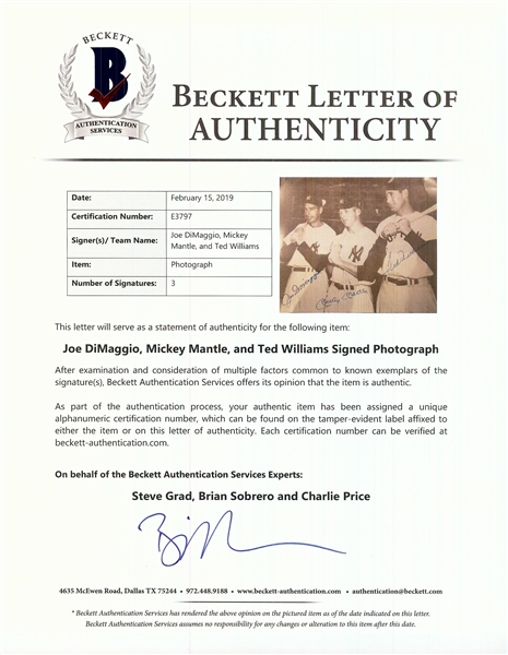 Mickey Mantle, Ted Williams & Joe DiMaggio Signed 11x14 Photo (BAS)