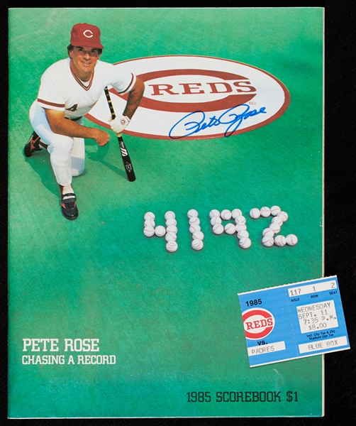 Pete Rose Signed Program from Hit Record Game with Ticket Stub (Sept. 11, 1985) (BAS)