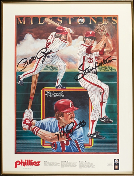 Pete Rose, Mike Schmidt & Steve Carlton Signed 1981 Milestones Framed Poster (BAS)