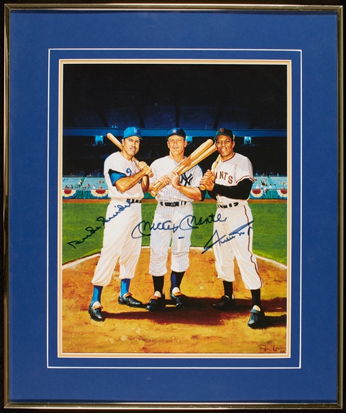 Mickey Mantle, Willie Mays & Duke Snider Signed Ron Lewis Framed Print (BAS)