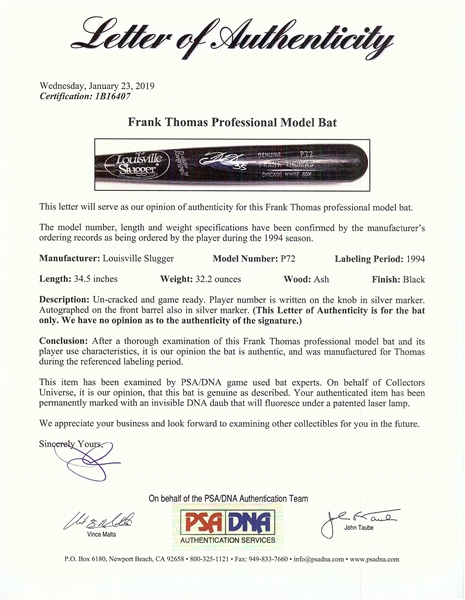 Frank Thomas 1994 Game-Ready & Signed Louisville Slugger Bat (PSA/DNA Taube)