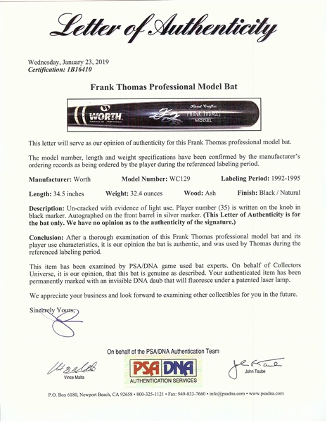 Frank Thomas 1992-95 Game-Used & Signed Worth Bat (PSA/DNA Taube)