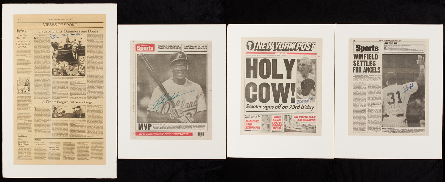 HOFer Signed Newspaper Covers with Henderson, Winfield, Allen, Rizzuto (4)