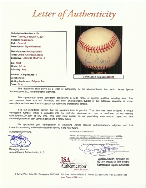Roger Maris Single-Signed OAL MacPhail Baseball (JSA)