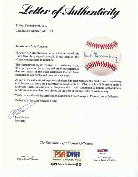 Hank Greenberg Single-Signed OAL Brown Baseball (PSA/DNA)