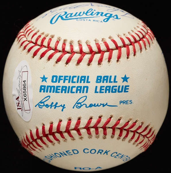 50 Home Run Per Year Club Signed OAL Baseball with Mantle, Mays, Mize, Kiner, Foster (5) (JSA)
