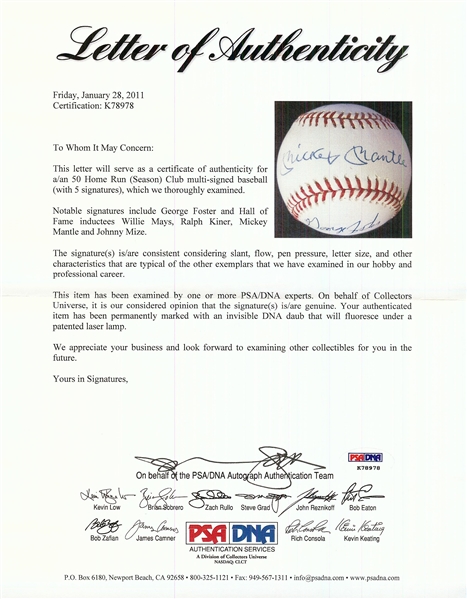 50 Home Run Per Year Club Signed OAL Baseball with Mantle, Mays, Mize, Kiner, Foster (5) (JSA)