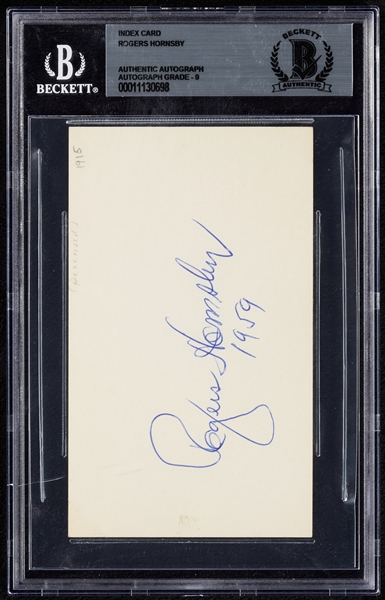 Rogers Hornsby Signed 3x5 Index Card (Graded BAS 9)